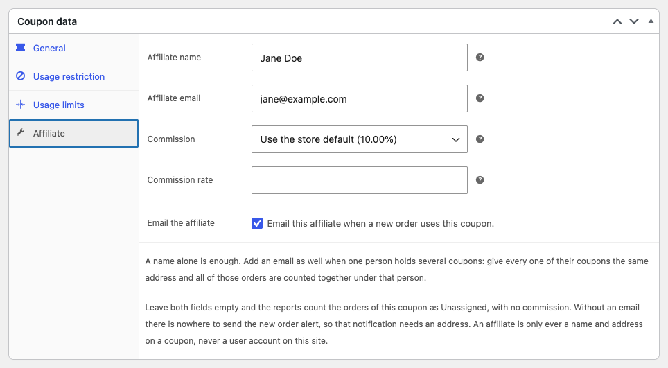 The Affiliate tab of a coupon, with Jane Doe as the affiliate name and jane@example.com as the affiliate email