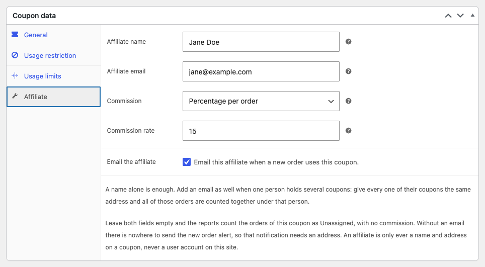 The Affiliate tab of a coupon with every field showing: affiliate name, affiliate email, commission, commission rate and the Email the affiliate box