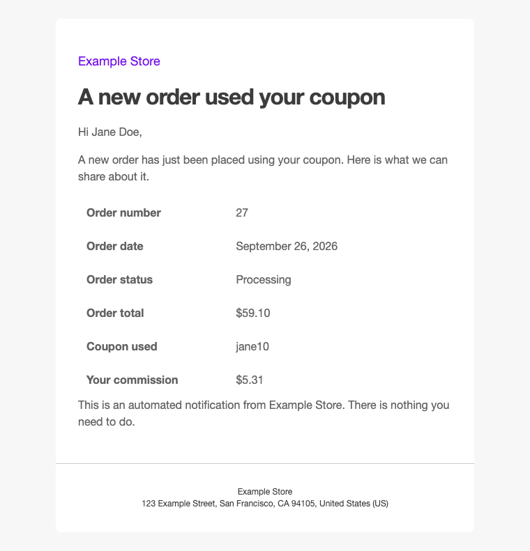 A new order email as the affiliate receives it, with the order number, date, status and total, the coupon used and the affiliate's commission