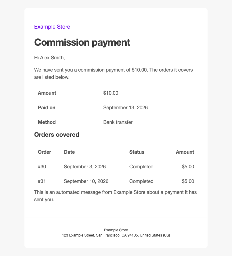 A payment email as the affiliate receives it, with the amount, the payment date and method, and the two orders it covers