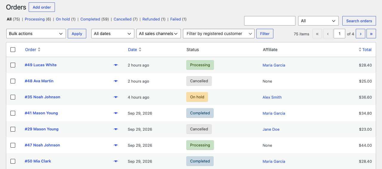 The WooCommerce Orders list with the Affiliate column, showing orders credited to Maria Garcia, Alex Smith and Jane Doe, and two orders with None