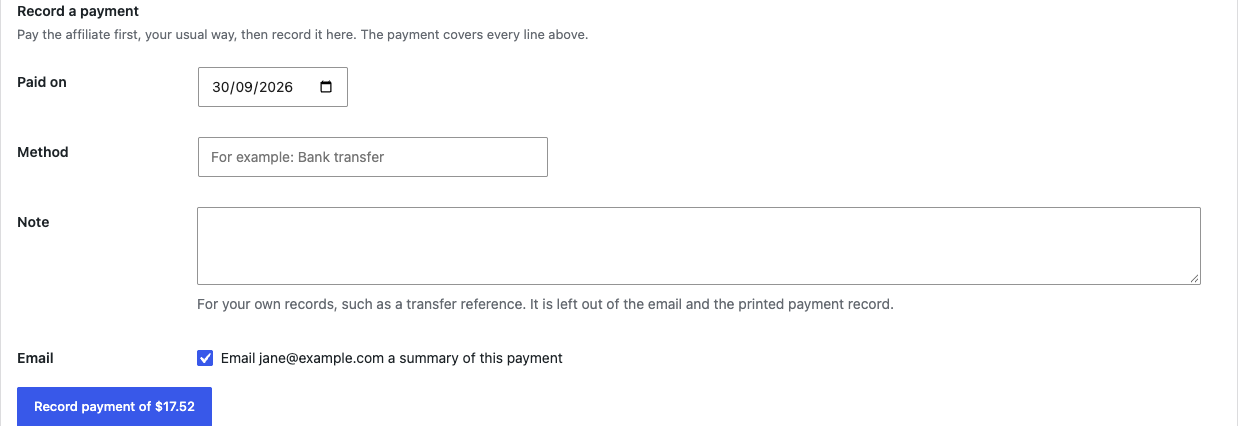 The Record a payment form under an affiliate's due table, with the Paid on, Method and Note fields and the email box ticked