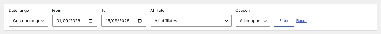 The filter bar with Custom range chosen and the From and To dates showing