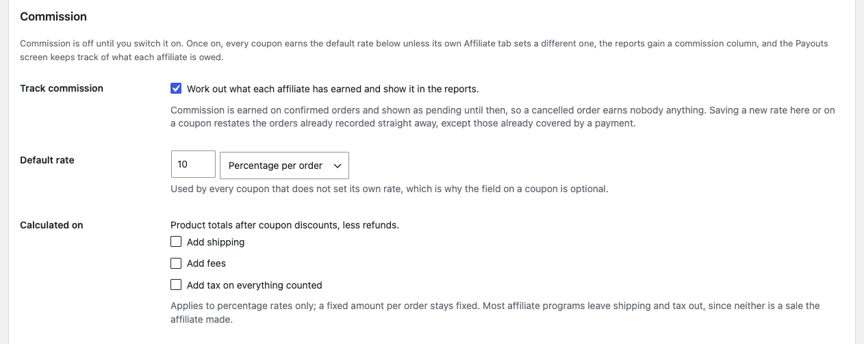 The Commission section of the Settings screen, with Track commission ticked and a default rate of 10, Percentage per order