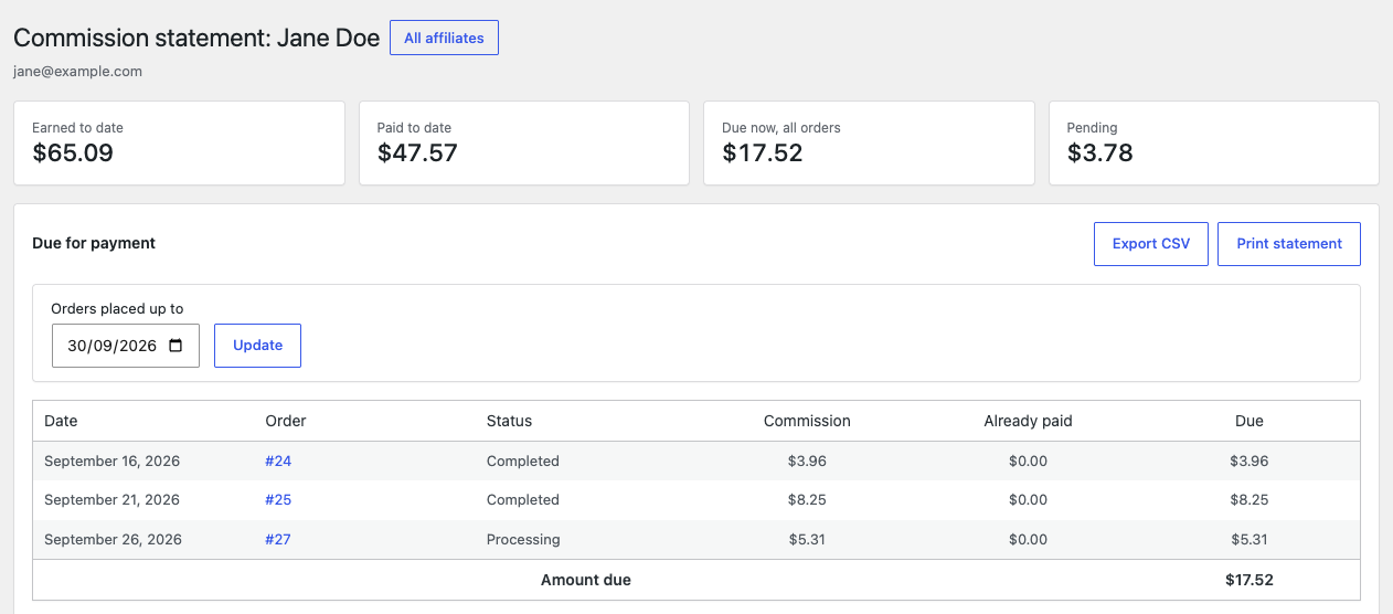 An affiliate's statement, with the four figures and the Due for payment table listing three orders