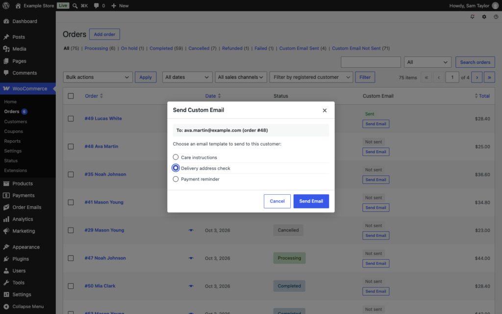 The Send Custom Email window on the WooCommerce Orders list, showing the address the email goes to, with a template chosen.