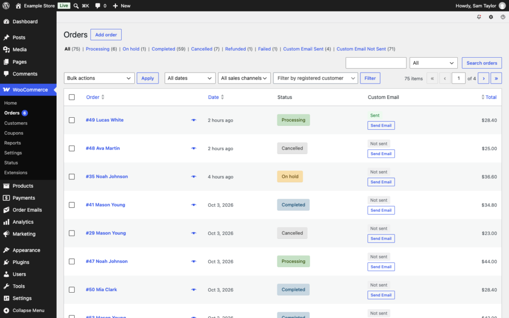 The Orders list with the Custom Email column and the Custom Email Sent and Custom Email Not Sent links.