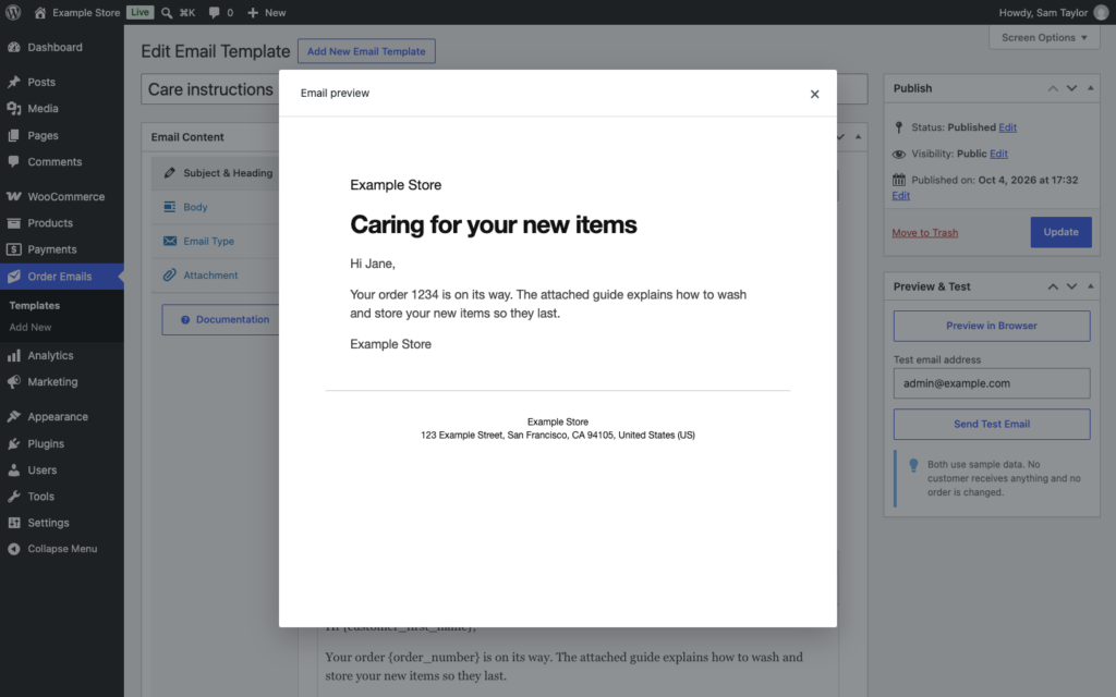 A template previewed in the browser, filled in with sample data.