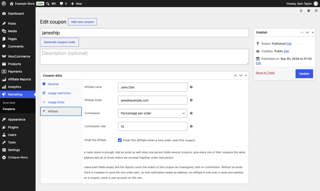 The "Affiliate" tab on the WooCommerce coupon editor.