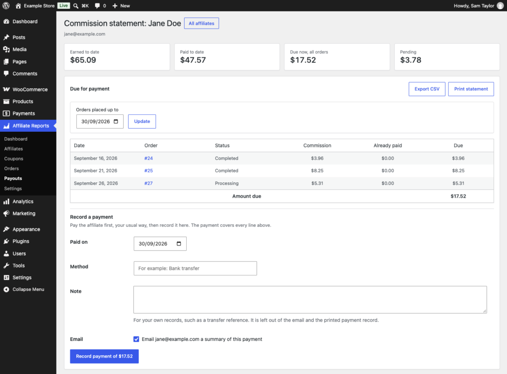 An affiliate's statement on the Payouts screen, with the form that records a payment.