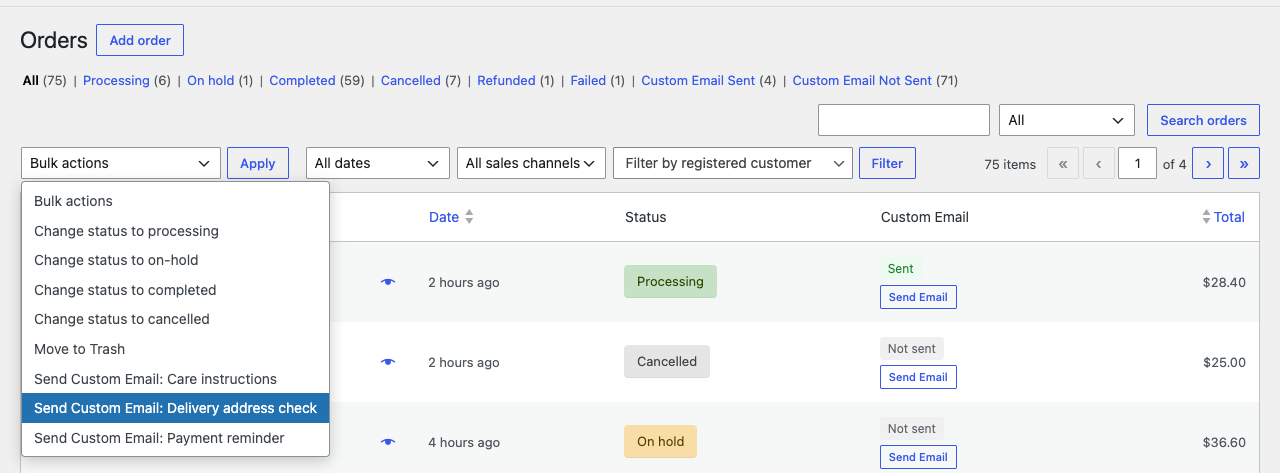 The Bulk actions menu open on the Orders list, with one Send Custom Email entry for each of three templates