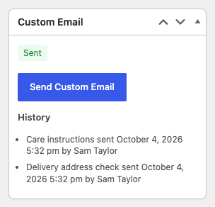The Custom Email box on an order screen, marked Sent, with two entries under History