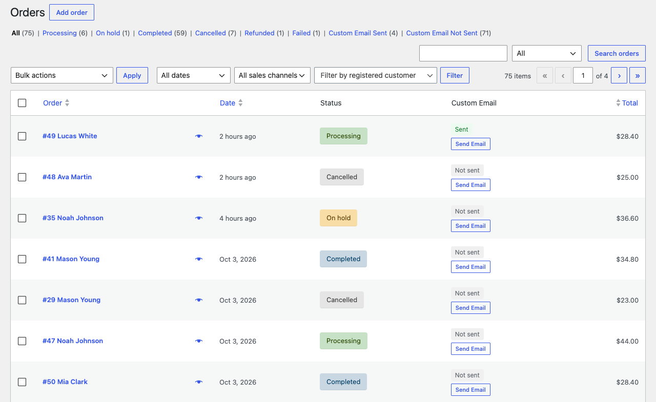 The Orders list with the Custom Email column, where the first order shows Sent and the others Not sent