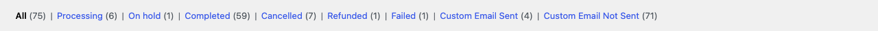 The status links above the Orders list, ending with Custom Email Sent and Custom Email Not Sent and their counts