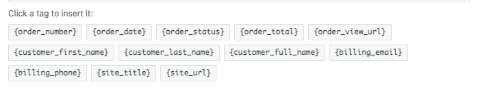 The row of tags under the Email Body, headed Click a tag to insert it