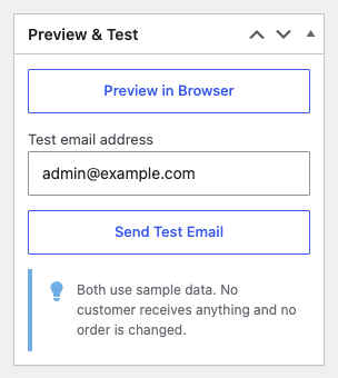 The Preview & Test box, with the Preview in Browser button, the Test email address field filled in and the Send Test Email button