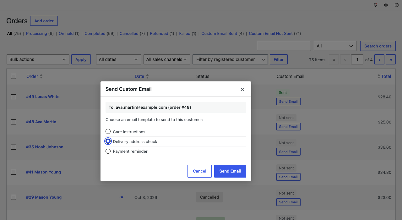 The Send Custom Email window over the Orders list, showing the customer's address and order number, with the Delivery address check template chosen
