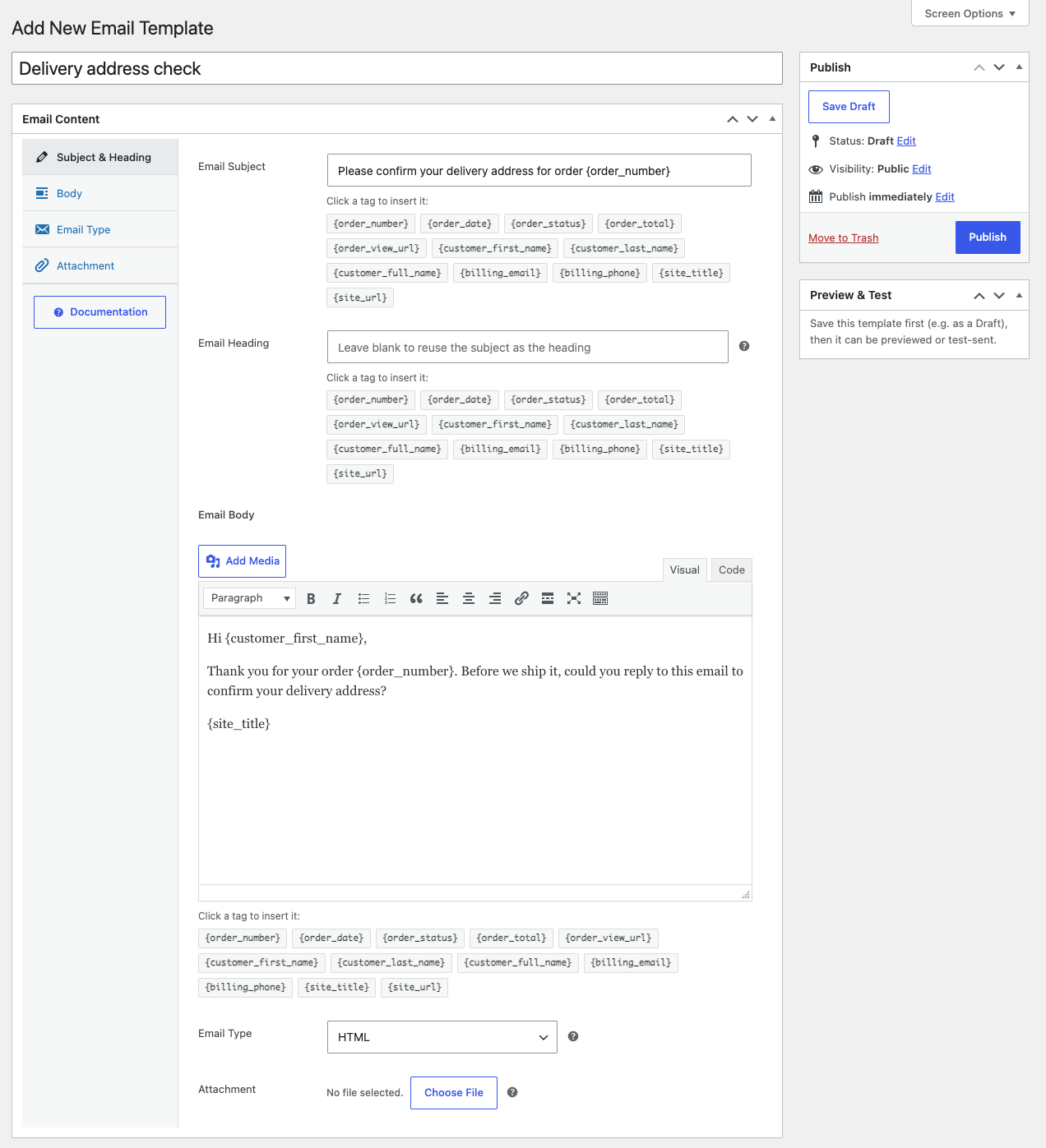 The template editor with the example name, subject and body filled in, before publishing
