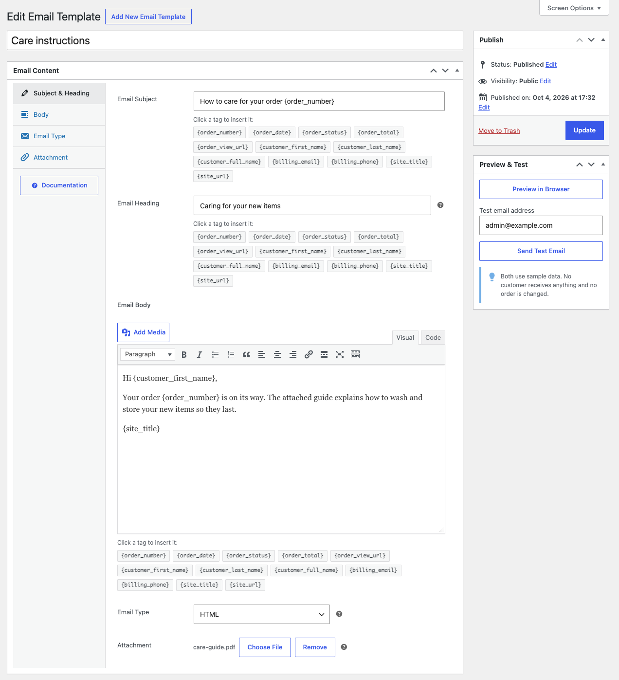 The full template editor, with the Email Content box and its left-hand links, the tags under each field, and the Publish and Preview & Test boxes